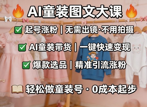 AI童装图文剪辑，某社群童装图文大课，起号涨粉、AI童装带货、爆款选品，无需出镜和拍摄-万象聊项目