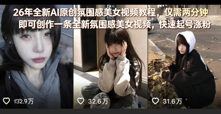 26年全新AI原创氛围感美女视频教程，仅需两分钟即可创作一条全新氛围感美女视频，快速起号涨粉-万象聊项目