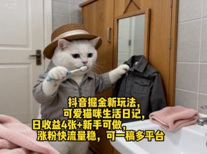 抖音掘金新玩法，可爱猫咪生活日记，日收益4张+新手可做，涨粉快流量稳，可一稿多平台-万象聊项目