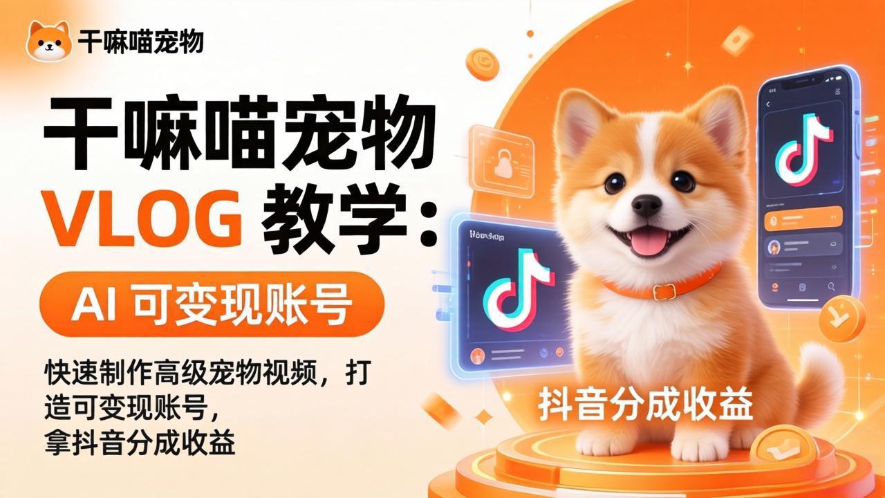 干嘛喵宠物 VLOG 教学：AI 快速制作高级宠物视频，打造可变现账号，拿抖音分成收益-万象聊项目
