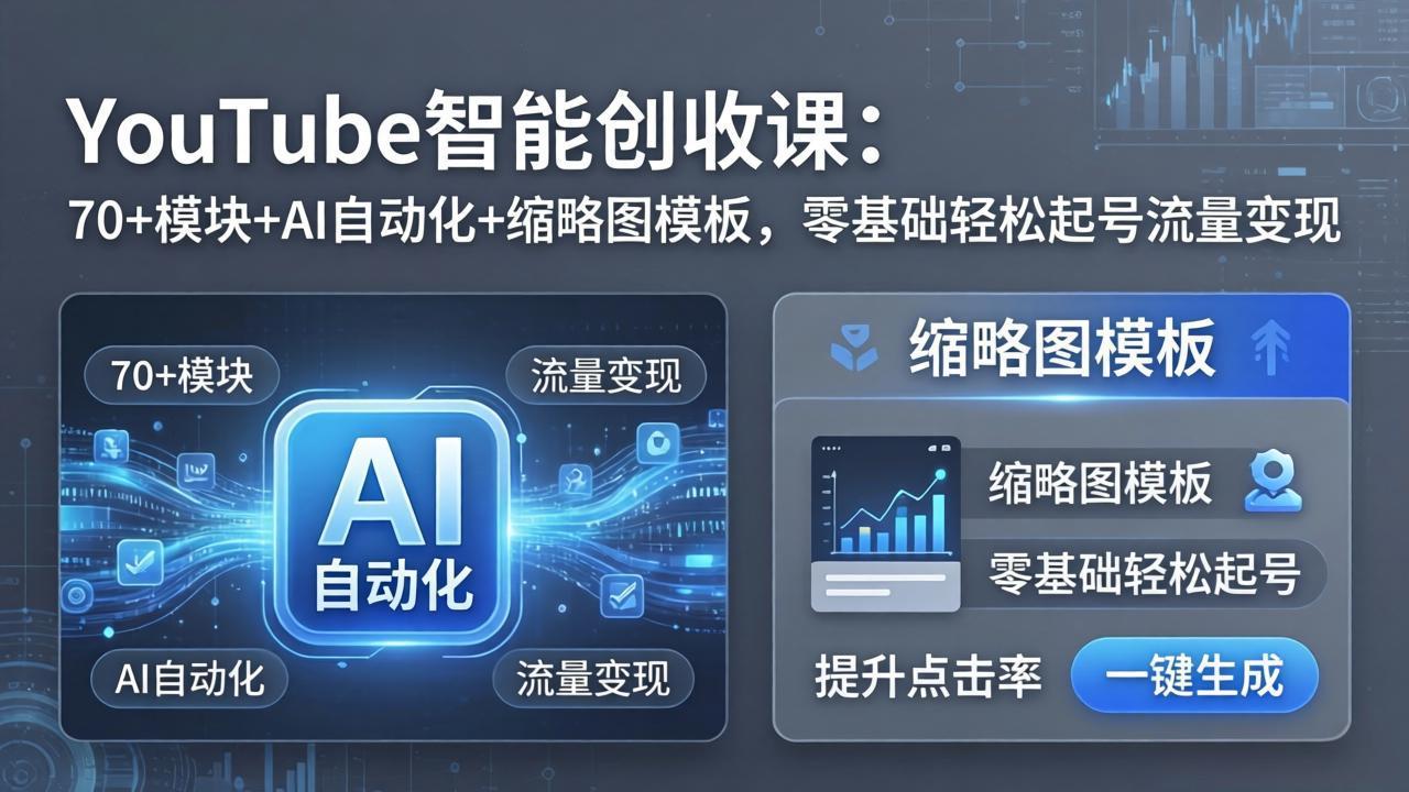 YouTube智能创收课：70+模块+AI自动化+缩略图模板，零基础轻松起号流量变现-万象聊项目