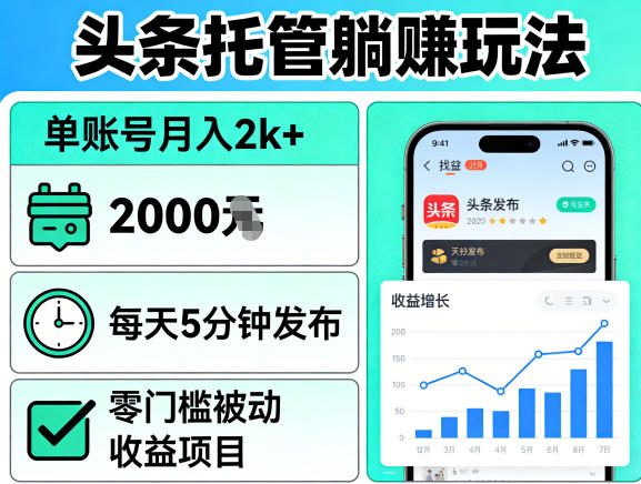 头条托管躺賺玩法，单账号月入2k+，每天5分钟发布即可，零门槛被动收益项目【揭秘】-万象聊项目