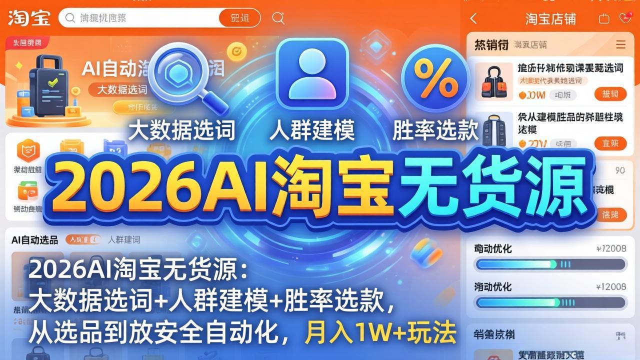2026AI淘宝无货源-4月更新：大数据选词+人群建模+胜率选款，从选品到放大全自动化，月入1W+玩法-万象聊项目