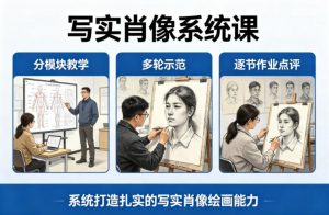 写实肖像系统课，全程分模块教学+多轮示范+逐节作业点评，系统打造扎实的写实肖像绘画能力-万象聊项目