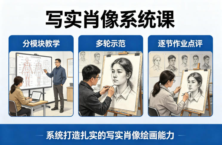 写实肖像系统课，全程分模块教学+多轮示范+逐节作业点评，系统打造扎实的写实肖像绘画能力-万象聊项目