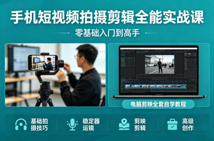 手机短视频拍摄剪辑全能实战课：零基础入门到高手，稳定器运镜+电脑剪映全套自学教程-万象聊项目
