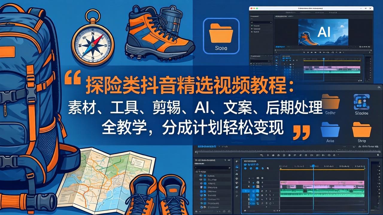 探险类抖音精选视频教程：素材、工具、剪辑、AI、文案、后期处理全教学，分成计划轻松变现-万象聊项目