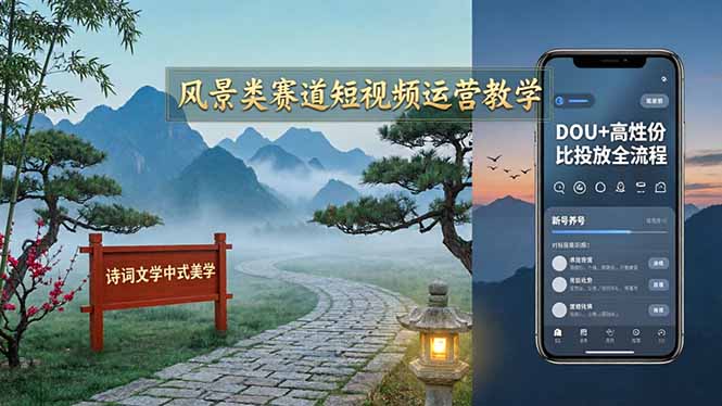 风景类赛道短视频运营教学：诗词文学中式美学，新号养号对标账号定位，DOU+高性价比投放全流程-万象聊项目
