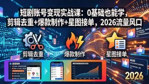 短剧账号变现实战课：0基础也能学，剪辑去重+爆款制作+星图接单，2026流量风口-万象聊项目