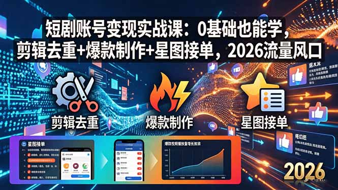 短剧账号变现实战课：0基础也能学，剪辑去重+爆款制作+星图接单，2026流量风口-万象聊项目