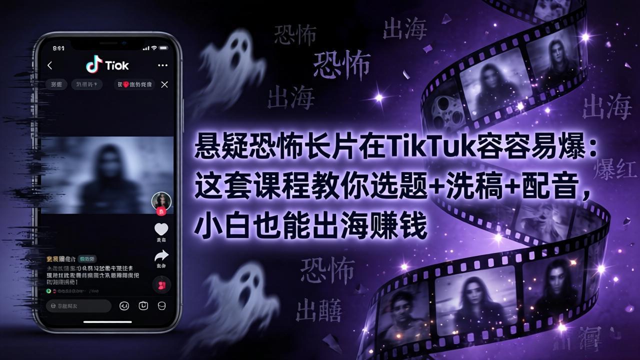 悬疑恐怖长片在TikTok最容易爆：这套课程教你选题+洗稿+配音，小白也能出海赚钱-万象聊项目