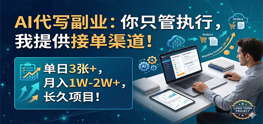 AI代写副业：你只管执行，我提供接单渠道！单日3张+，月入1W-2W+，长久项目-万象聊项目