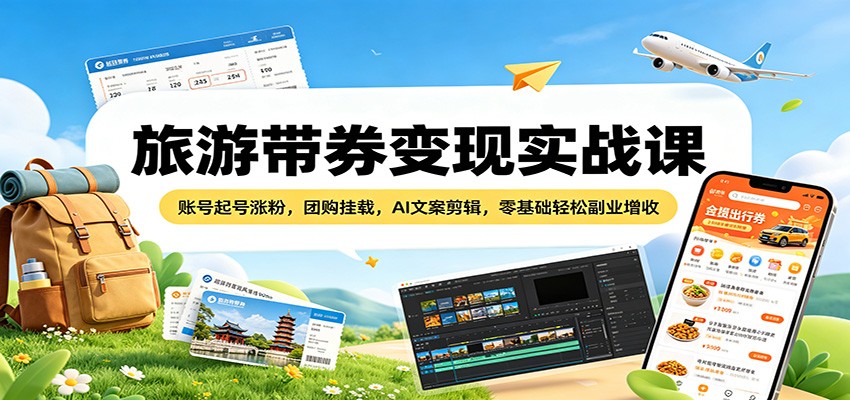 旅游带券变现实战课：账号起号涨粉，团购挂载，AI文案剪辑，零基础轻松副业增收-万象聊项目