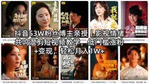 抖音53W粉丝博主亲授｜影视情绪共鸣混剪短视频教学，低门槛涨粉+变现，轻松月入1W+-万象聊项目