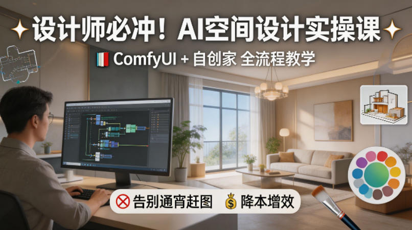 设计师必冲！AI空间设计实操课，ComfyUI+自创家全教学，告别通宵赶图，降本增效-万象聊项目