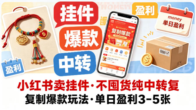 小红书卖挂件，不囤货纯中转复制爆款玩法，单日盈利3-5张-万象聊项目