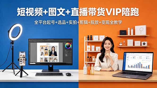 短视频+图文+直播带货VIP陪跑，全平台起号+选品+实拍+剪辑+投放+变现全教学-万象聊项目