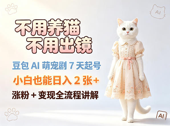 不用养猫不用出镜，豆包AI萌宠剧7天起号，小白也能日入2张+，涨粉+变现全流程讲解-万象聊项目