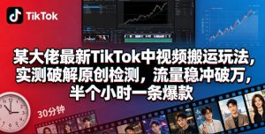 某大佬最新TikTok中视频搬运玩法，实测破解原创检测，流量稳冲破万，半个小时一条爆款-万象聊项目