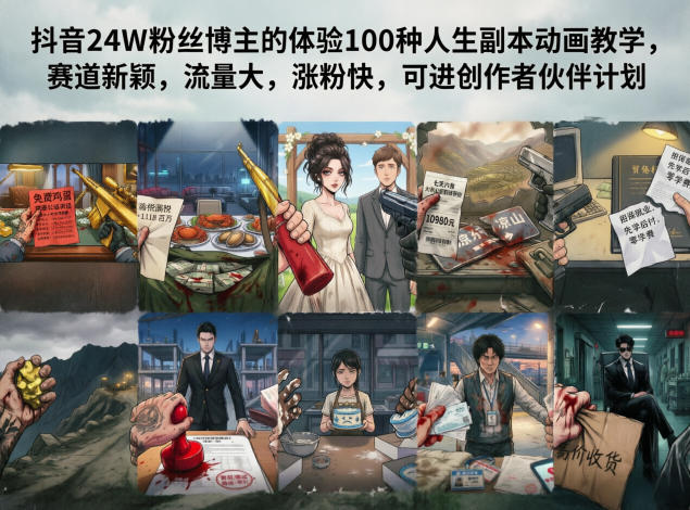 抖音24W粉丝博主的体验100种人生副本动画教学，赛道新颖，流量大，涨粉快，可进创作者伙伴计划-万象聊项目