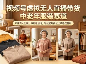 视频号虚拟无人直播带货中老年服装赛道，不用真人出镜、不用租场地，轻松实现持续出单稳定盈利-万象聊项目