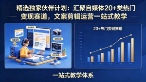 精选独家伙伴计划：汇聚自媒体20+类热门变现赛道，文案剪辑运营一站式教学-万象聊项目