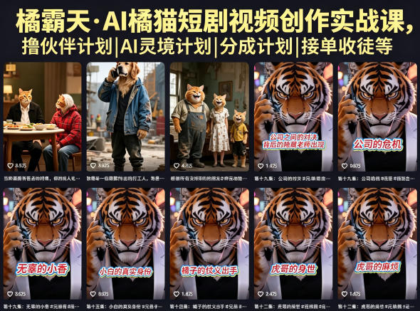 橘霸天·AI橘猫短剧视频创作实战课，撸伙伴计划|AI灵境计划|分成计划|接单收徒等-万象聊项目