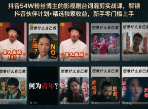 抖音54W粉丝博主的影视剧台词混剪实战课，解锁抖音伙伴计划+精选独家收益，新手零门槛上手-万象聊项目