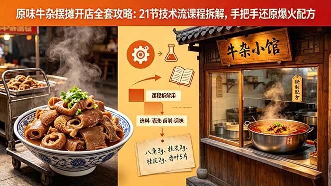原味牛杂摆摊开店全套攻略：21节技术流课程拆解，手把手还原爆火配方-万象聊项目