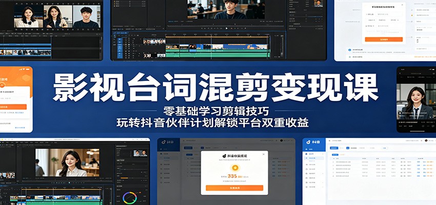 影视台词混剪变现课：零基础学习剪辑技巧，玩转抖音伙伴计划解锁平台双重收益-万象聊项目