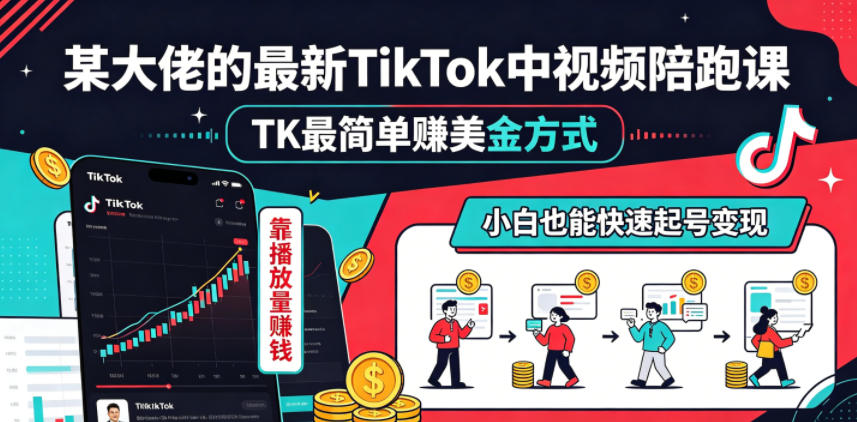 某大佬的最新TikTok中视频陪跑课，TK最简单賺美金方式，靠播放量賺钱，小白也能快速起号变现-万象聊项目