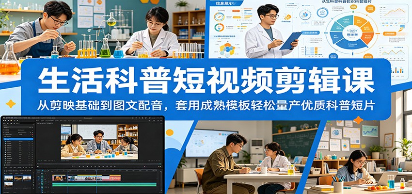 生活科普短视频剪辑课：从剪映基础到图文配音，套用成熟模板轻松量产优质科普短片-万象聊项目