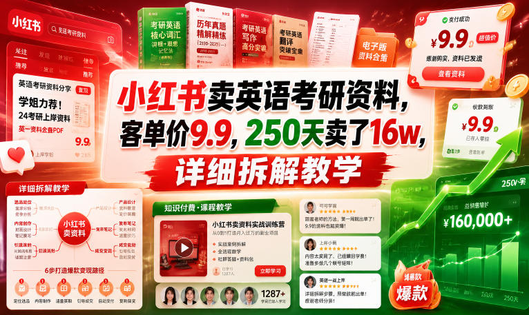 小红书卖英语考研资料，客单价9.9，250天卖了16w，详细拆解教学-万象聊项目