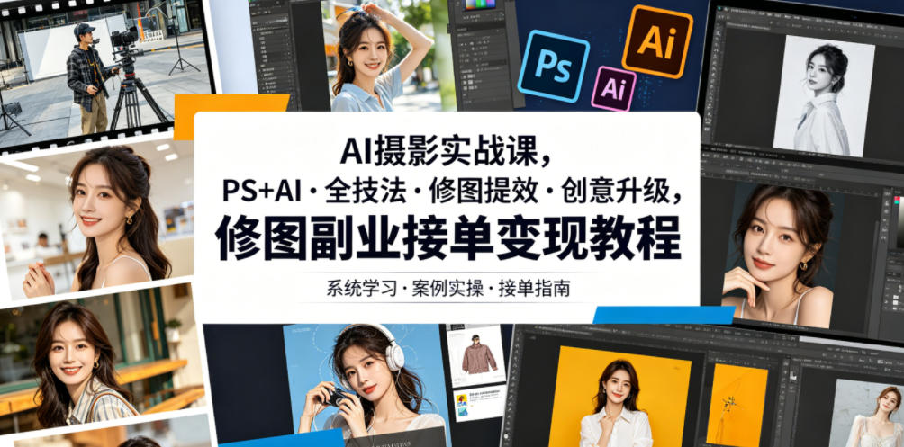 AI摄影实战课，PS+AI・全技法・修图提效・创意升级，修图副业接单变现教程-万象聊项目