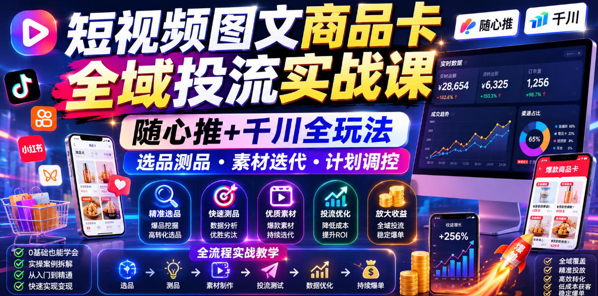 短视频图文商品卡全域投流实战课，随心推+千川全玩法，选品测品・素材迭代・计划调控，提升ROI爆单增收教程-万象聊项目