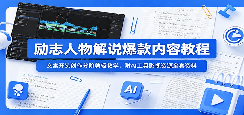 励志人物解说爆款内容教程：文案开头创作分阶剪辑教学，附AI 工具影视资源全套资料-万象聊项目
