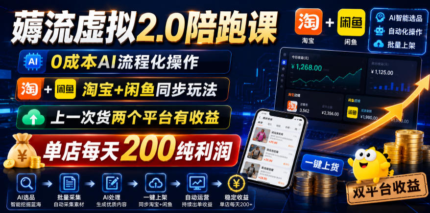 薅流虚拟2.0陪跑课，0成本AI流程化操作，淘宝+闲鱼同步玩法，上一次货两个平台有收益，单店每天200纯利润-万象聊项目