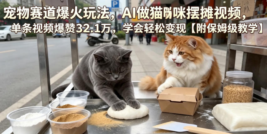 宠物赛道爆火玩法，AI做猫咪摆摊视频，单条视频爆赞32.1万，学会轻松变现【附保姆级教学】-万象聊项目