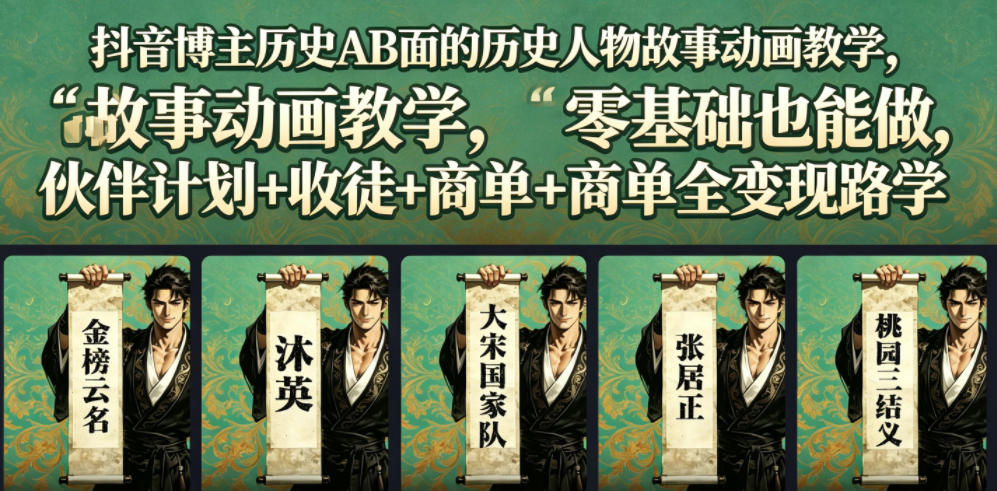 抖音博主历史AB面的历史人物故事动画教学，零基础也能做，伙伴计划+收徒+商单全变现路径教学-万象聊项目