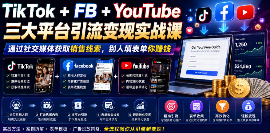 TikTok+FB+YouTube三大平台引流变现实战课，通过社交媒体获取销售线索，别人填表单你賺钱【原创双语字幕】-万象聊项目