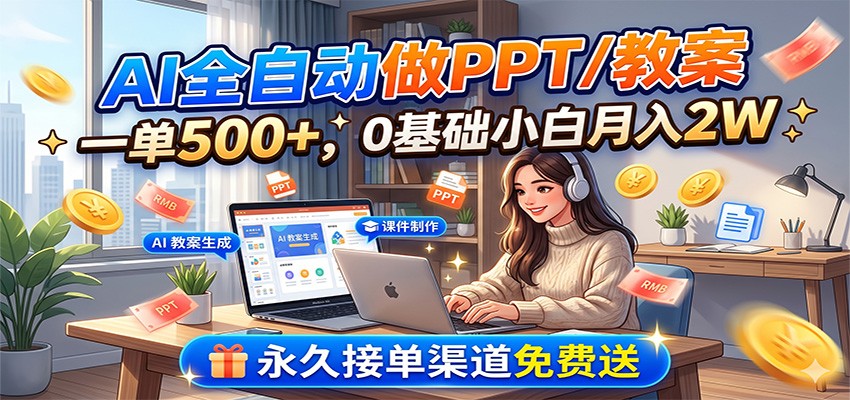 AI全自动做PPT/教案，一单500+，0基础小白月入2W，永久接单渠道免费送-万象聊项目