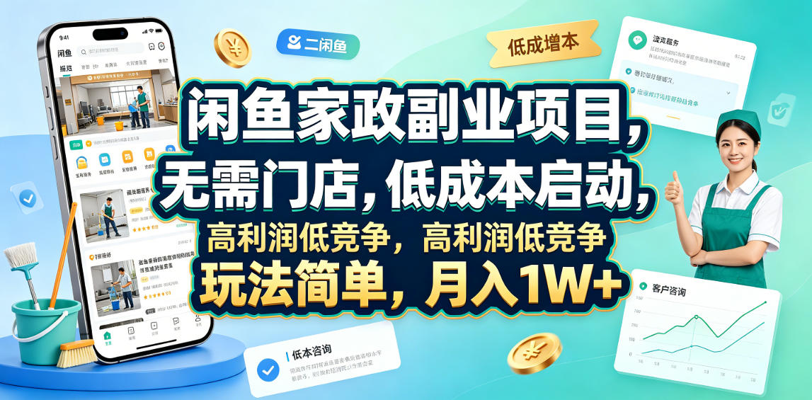 闲鱼家政副业项目，无需门店，低成本启动，高利润低竞争，玩法简单，月入1W+-万象聊项目