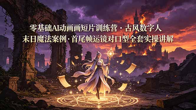 零基础AI动画短片训练营，古风数字人末日魔法案例，首尾帧运镜对口型全套实操讲解-万象聊项目