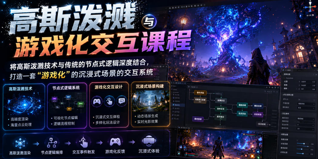 高斯泼溅与游戏化交互课程，将高斯泼溅技术与传统的节点式逻辑深度结合，打造一套“游戏化”的沉浸式场景的交互系统-万象聊项目