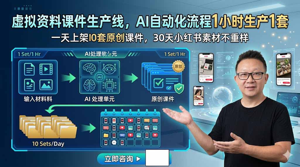 虚拟资料课件生产线，AI自动化流程1小时生产1套，一天上架10套原创课件，30天小红书素材不重样-万象聊项目