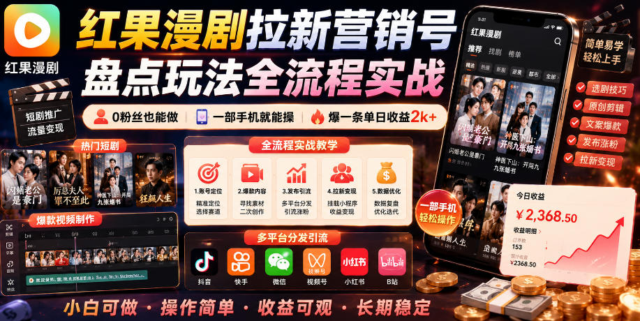 红果漫剧拉新营销号盘点玩法全流程实战，0粉丝也能做，一部手机就能做，爆一条单日收益2k+(更新0628)-万象聊项目