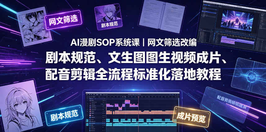 AI漫剧SOP系统课｜网文筛选改编、剧本规范、文生图图生视频成片、配音剪辑全流程标准化落地教程-万象聊项目
