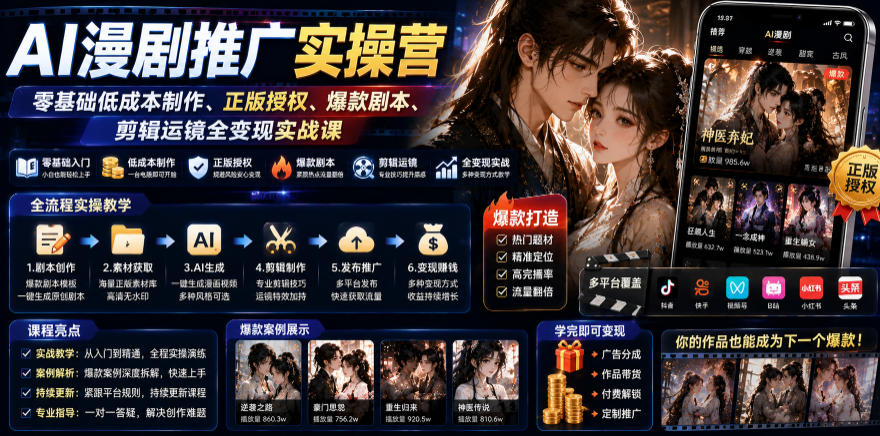 AI漫剧推广实操营｜零基础低成本制作、正版授权、爆款剧本、剪辑运镜全变现实战课-万象聊项目