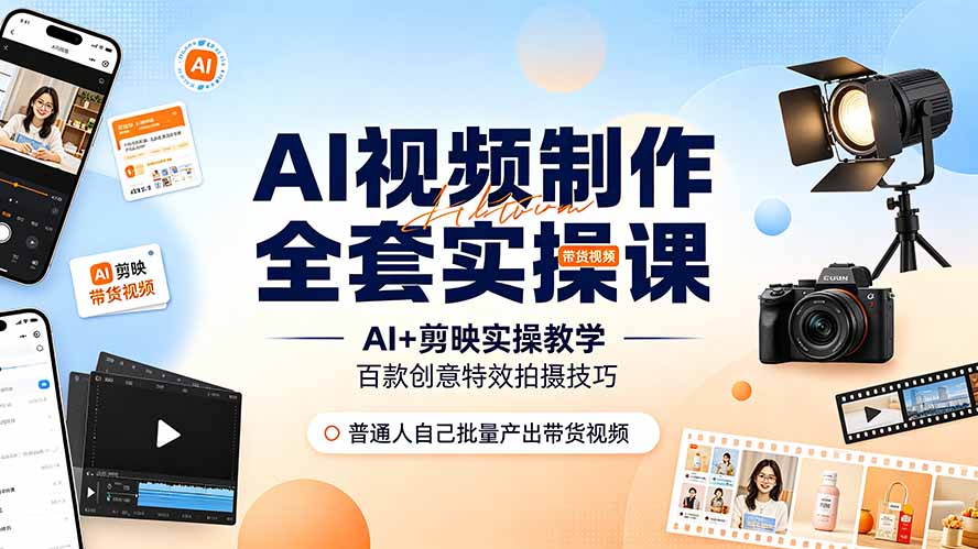 AI视频制作全套实操课，多款AI工具搭配剪映教学，百种特效运镜拍摄实操，抖音账号带货运营全覆盖-万象聊项目