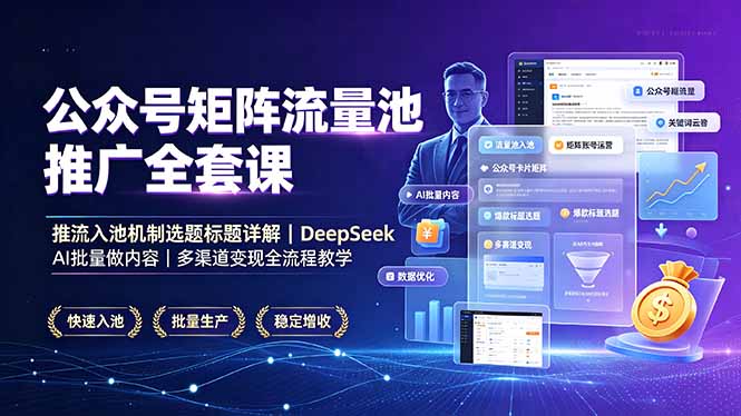 公众号矩阵流量池推广全套课，推流入池机制选题标题详解，DeepSeek AI批量做内容，多渠道变现全流程教学-万象聊项目
